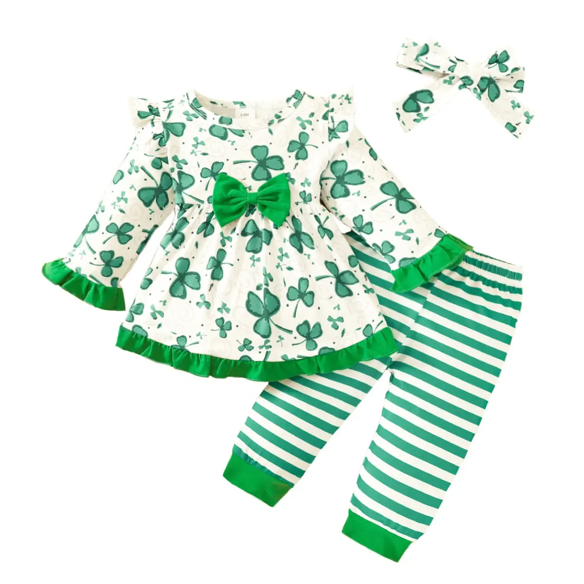 ชุดเดรสแขนยาวสำหรับเด็กผู้หญิงชุดกางเกงขาสั้นลายดอกหญ้าโคลเวอร์สีเขียวสำหรับใส่กลางวัน