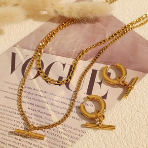 Conjunto de Joyería de Lujo de Doble Capa con Hebilla OT, Collar Apilable y Pendientes, Cadena Dorada Versátil para Clavícula de Mujer - Product Image 5