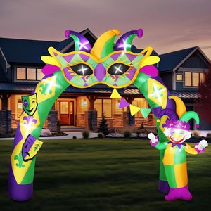 Arche gonflable Mardi Gras <span class=keywords><strong>de</strong></span> 9,3 pieds avec bouffon et masque en éclairage LED pour décoration extérieure <span class=keywords><strong>de</strong></span> fête à thème carnaval, jardin, pelouse - Product Image 1