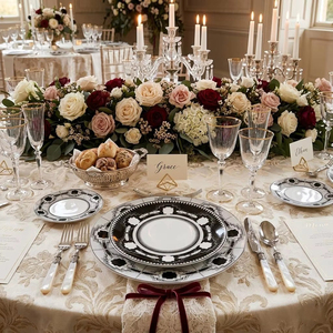 ชุดอาหารค่ำเซรามิคลายเรขาคณิตสีดำขาว จานพอร์ซเลน ชุดอาหารบนโต๊ะอาหาร ขายส่ง จานชามกระเบื้องเนื้อดี อุปกรณ์ครัว จานเสิร์ฟ - Product Image 2