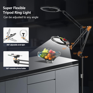 Overhead camerahouder, overhead telefoonhouder, vloer-/bureaustatief, ringlamp met standaard en telefoonhouder voor opnames/livestreaming - Product Image 3