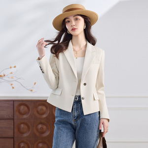 Women's Short Blazer Slim Fit Solid Color Polyester Fiber 100% Worsted OL Style Professional Coat - Product Image 3