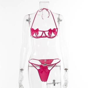 Conjunto de lencería de dos piezas con sujetador transparente con lazo y bragas con cuello halter, estilo europeo y americano, con encaje sexy que revela suavemente la figura. - Product Image 4