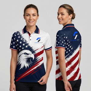 Camiseta Polo Personalizada de Secado Rápido para Mujer, con Estampado de la Bandera Americana, Deportiva, de Manga Corta y Corte Regular - Product Image 1