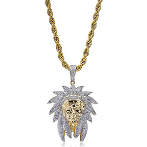 Collar de Cadena de Oro Estilo Hip Hop con Colgante de Tocado de Jefe Indio con Circonitas Brillantes y Latón, Venta Caliente de Fábrica - Product Image 1
