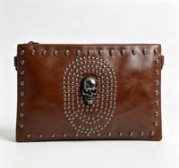 Dompet Clutch Kulit Asli Wanita Buatan Tangan dengan Ritsleting, Detail Rumbai, Denim Metalik, Tahan Air & Anti Maling