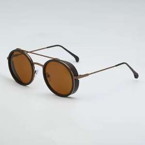 Lunettes de soleil polarisées rondes rétro <span class=keywords><strong>vintage</strong></span> 2026 unisexe, petite monture métallique à <span class=keywords><strong>double</strong></span> pont, verres TAC, noir brillant/marron - Product Image 3
