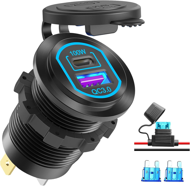 Upgraded 100W PD USB C Car Charger Socket QC3.0 18W Aluminum Alloy 12V-24V DC Fast Charging USB Outlet for RV Marine Truck Boat
