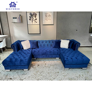 Sofá Seccional Chesterfield de <span class=keywords><strong>5</strong></span> Plazas en Terciopelo <span class=keywords><strong>Azul</strong></span> Marino de Lujo, en Forma de U, con Esquinas Acolchadas y Estructura de Madera Alta con Esponja - Product Image 3