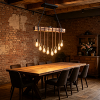 Luminaire suspendu en bois rustique industriel à 8 lumières, ampoule Edison vintage, lampe suspendue linéaire pour îlot de cuisine, bar