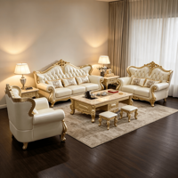 Ensemble de canapés en cuir de style européen de luxe, cadre en bois sculpté doré classique, meubles de salon, canapé pour maison, villa, hôtel