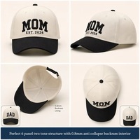 Casquette de baseball noire OEM ODM en coton à 6 panneaux avec broderie 3D MOM DAD, style universitaire, petite quantité minimale de commande, BSCI, Barudan, DDP, expédition rapide