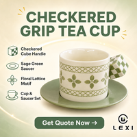 Nouvel ensemble tasse à café et soucoupe en céramique à motif quadrillé avec poignée, motif floral en treillis vert sauge, pour la décoration intérieure LEXI