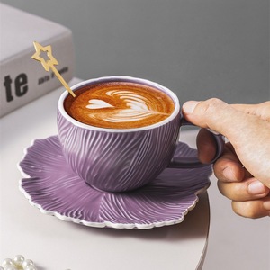 Wholesale Retro Luxury Ceramic Coffee Cup High-Value Afternoon Tea Cup Creative Petal Texture Petal Cup Saucer <b>Dinnerware</b> <b>Set</b> - Product Image 3