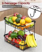Panier à fruits en fil métallique à 2 niveaux avec support pour bananes, bol de rangement pour légumes, support pour produits de cuisine pour oignons, pommes de terre, pain, collations