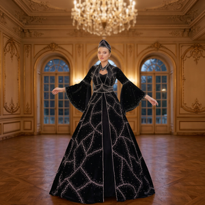 Elegant Black Satin Mermaid Ball Gown with <b>Sequined</b> Geometric Pattern High Neck Regular Sleeve Floor-Length Party Evening Dress - Product Image 4