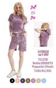 TC378 Completo da donna in velluto a 2 pezzi con pantaloncini, felpa con cappuccio a maniche corte, vestibilità ampia, tinta unita, casual, per primavera estate, lunghezza sopra il ginocchio - Product Image 3