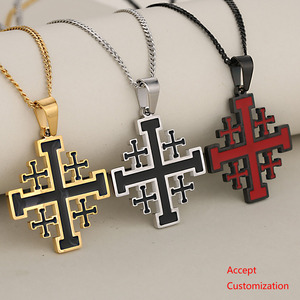 Collier Croix en Acier Inoxydable Rouge Noir Argent Or, Plaqué Or 18K, Style Chrétien Religieux de Jérusalem, pour Anniversaires et Occasions Spéciales - Product Image 1