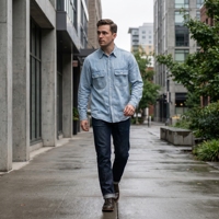 Chemise longue en jean délavé style streetwear et workwear vintage pour homme, avec doubles poches à rabat et boutons contrastants, respirante