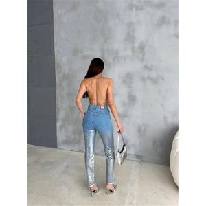 Pantalones Vaqueros de Mezclilla para Mujer, Estilo Mom, con Detalles en Lentejuelas, Plateados, de Cintura Alta, Acampanados, Talla 2XL, Ajustados, Transpirables, con Logotipo en la Cintura - Product Image 1