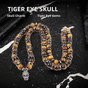 Collier en perles d'œil de tigre brun naturel avec pendentif crâne, chaîne en pierre pour homme, idéal pour un anniversaire - Product Image 2
