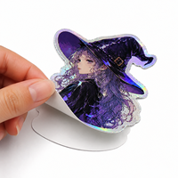 Autocollant personnalisé d'art anime sorcière, en vinyle PVC, découpé à la forme, résistant aux UV, avec feuille holographique et effet holographique arc-en-ciel manga, pour décoration et cadeaux d'artistes