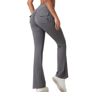 Pantalones de Fitness Lulu de cintura alta para mujer, pantalones deportivos de secado rápido para correr, pantalones de Yoga acampanados de melocotón, bolsillo de carga, patrón sólido - Product Image 2