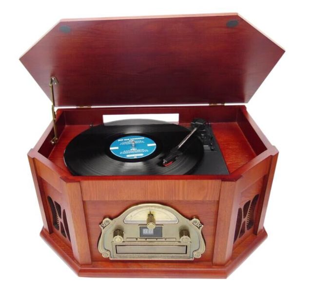 Classic Wooden Vintage Design Vinyl Turntable Record Player with Gramophone Horn USB/SD FM Radio