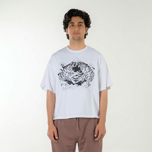 <b>Men's</b> White Short Sleeve T-Shirt Front Logo Yarn Dyed Heavyweight Regular Fit Round Neck Casual Style Cotton Jersey - Product Image 1