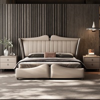 Lit Double King Size de Luxe en Cuir Véritable et Tissu, Style Minimaliste Italien Moderne, pour Chambre Parentale