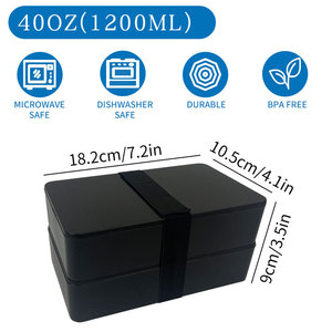 Double Layer Black Plastic <b>Lunch</b> <b>Box</b> With Utensils Portable Bento <b>Box</b> For Outdoor Use - Product Image 3