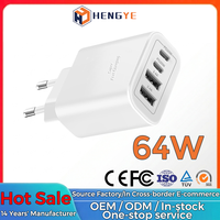 Personnalisable Multi 4 Ports QC3.0 PD 64W 20W 4in1 TYPE C USB Téléphone Chargeur UK EU Plug Wall Charger