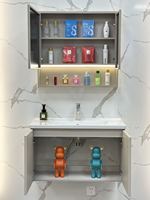 Meuble de salle de bain mural étanche et peu encombrant en acier inoxydable avec lavabo en céramique, armoire de rangement miroir et étagère ouverte