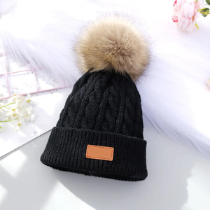 <span class=keywords><strong>Bonnet</strong></span> d'Hiver pour Bébé Mignon avec Pompon Tricoté pour Automne et Hiver Chaud pour Enfants Filles Couleur Unie Boule de Poils Élastique - Product Image 2
