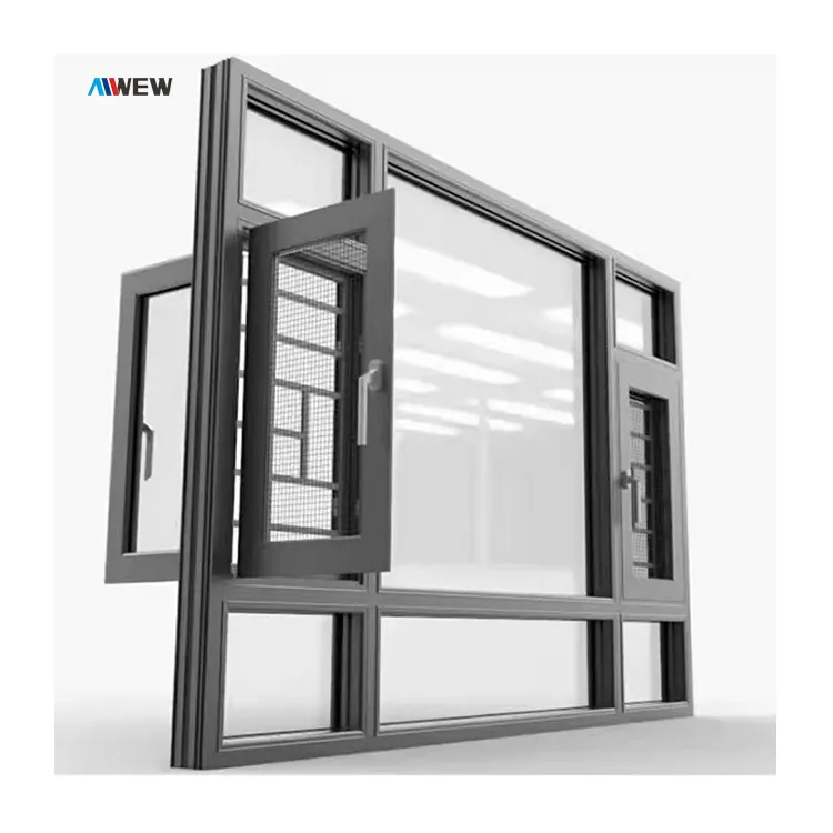 Ventanas abatibles de aluminio, diseño moderno, doble acristalado, con malla