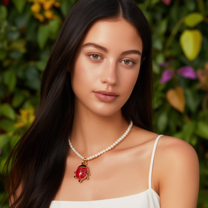 Collier de perles avec pendentif coccinelle rouge en acier inoxydable plaqué or, bijoux durables pour femmes - Product Image 3