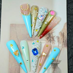 Faux ongles à presser faits main, couvrance totale, forme cercueil longue, en acrylique de luxe, avec papillons 3D et French manucure, haute qualité, pour vente en gros - Product Image 5