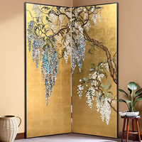 Paravent pliable en bois massif de style chinois, décoré de feuilles d'or appliquées à la main et de fleurs peintes à la laque, pour salon
