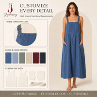 Pabrik Joydressing Gaun Linen Wanita Custom, Polos Kasual, Tali Dapat Disesuaikan, Saku, Berlapis, Midi Dress OEM ODM