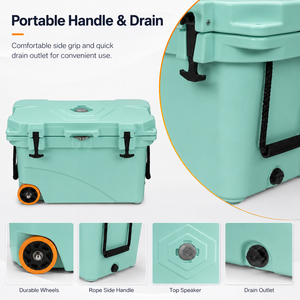 Glacière isotherme 45QT étanche et écologique pour la pêche et le camping, avec haut-parleur, lumière LED et roues tout-terrain - Product Image 5
