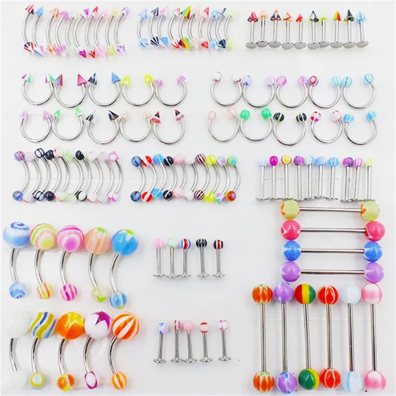110Pc/Set Acrylic Ball Eyebrow Belly Ring Nipple Tongue Lip Rings Piercing Tool Stainless Steel Body Piercing Jewelry Set