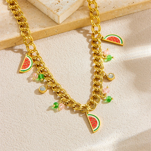 Watermelon Pendant Necklace Stainless Steel Double Layer Chain Fruit Charm Jewelry Fashion Accessory - Product Image 2