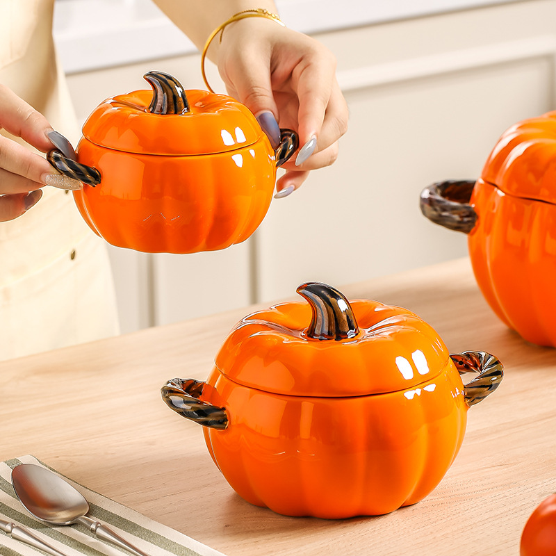 Cute Pumpkin with Lid Double Ear Creative Ceramic Stew Pot Household Children's Rice Bowl