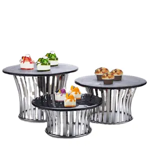 Modern HD Restaurant Stainless Steel Buffet Utensils Silver Steel Buffet Stands with Black Glass Plate Dessert Riser for Hotels