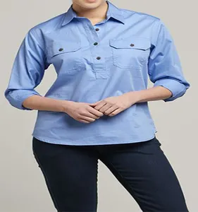 Heigh Quality Plain Women's Half Button Cotton Work Shirt