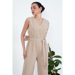Lustrin Women's Mink Cotton Blend <b>Jumpsuit</b> <b>with</b> Back Zipper, Belted Waist, Wholesale Fashion Overall for Ladies - Product Image 4