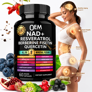 OEM ODM 60 Capsule Vegane NAD+ Resveratrolo Berberina <span class=keywords><strong>Quercetina</strong></span> Supporto per l'Invecchiamento Sano Integratore Antiossidante - Product Image 1