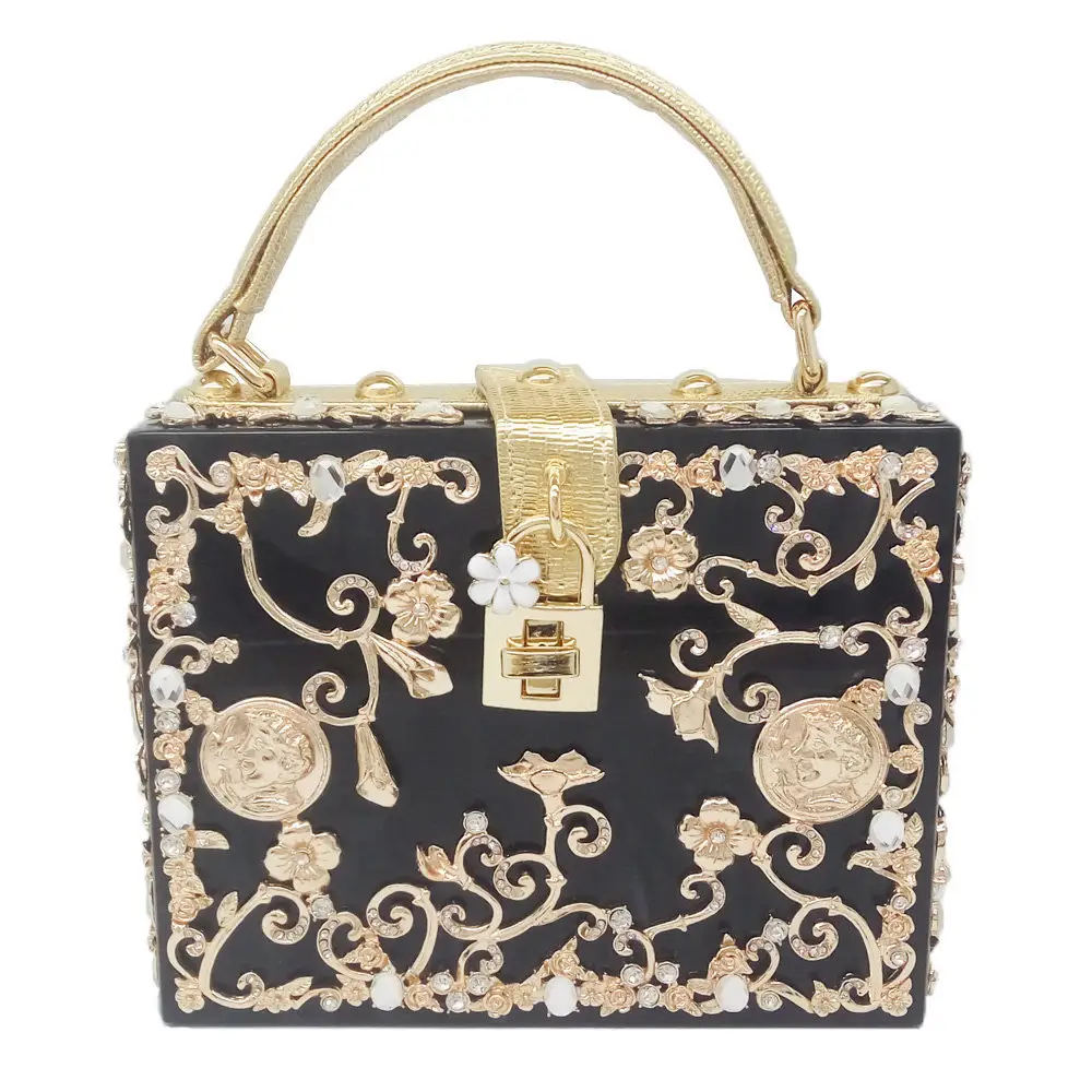 Fashion FGG TOTES BAG acrylic box handbag Metal hollow rhinestone dinner shoulder crossbags for women