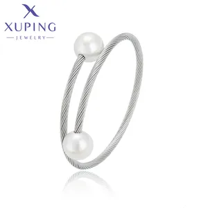 A00911346 xuping bijoux mode élégant avancé simple cadeau enroulement perles acier inoxydable plaqué platine bracelet ouvert