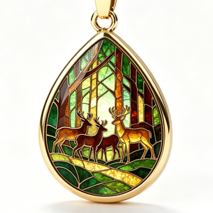 Colgante en Forma de Lágrima de Aleación de Zinc Chapado en Oro con Diseño de Ciervo y Bosque en Vidrio Emplomado, Joyería con Temática Animal - Product Image 4